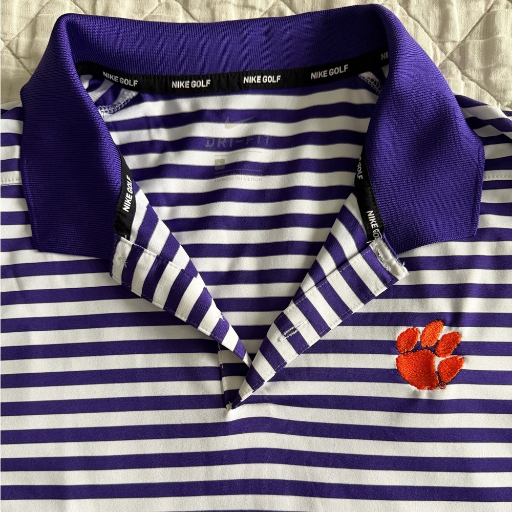 Clemson Nike Golf Purple Striped Polo Shirt (Large)